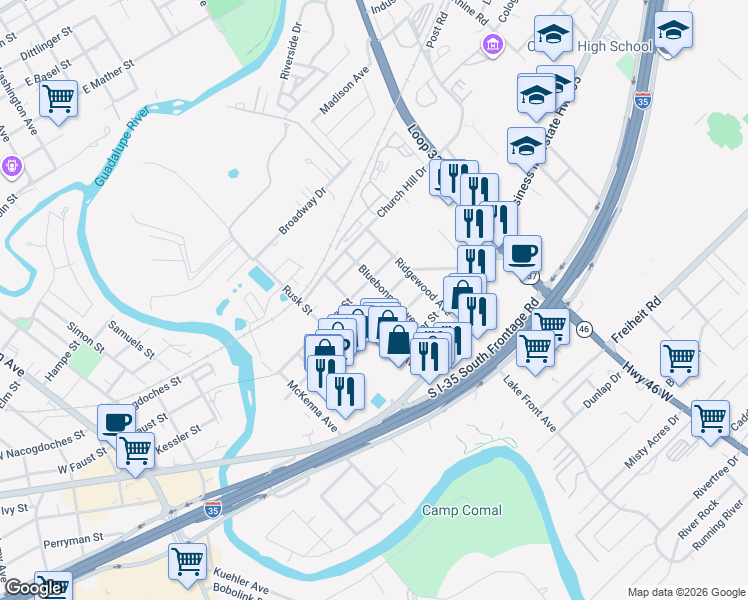 map of restaurants, bars, coffee shops, grocery stores, and more near 839 Oasis Street in New Braunfels