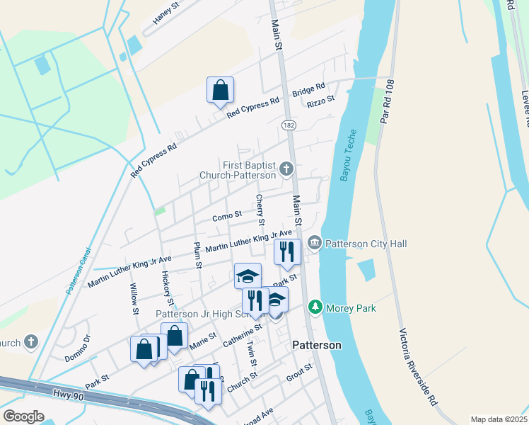 map of restaurants, bars, coffee shops, grocery stores, and more near 1518 Cherry Street in Patterson