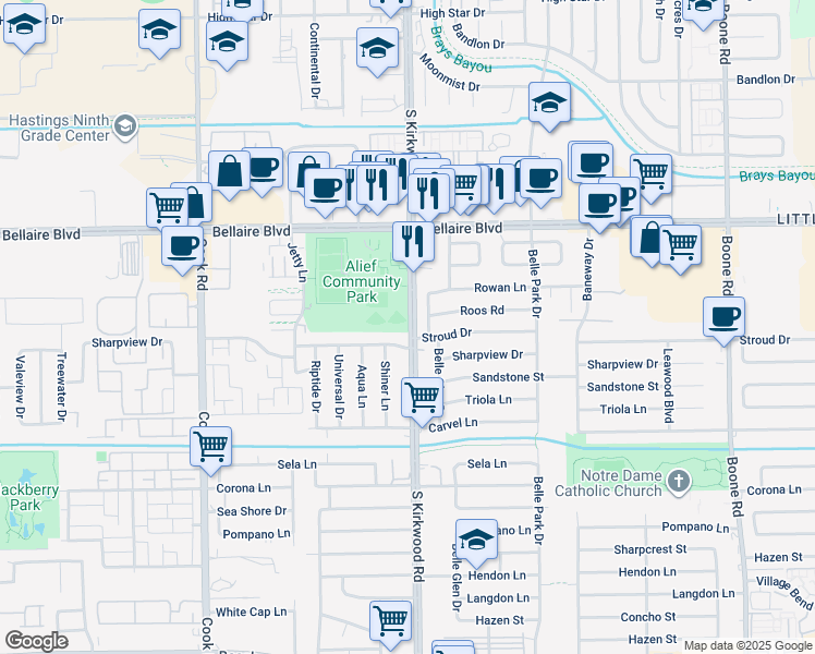 map of restaurants, bars, coffee shops, grocery stores, and more near in Houston