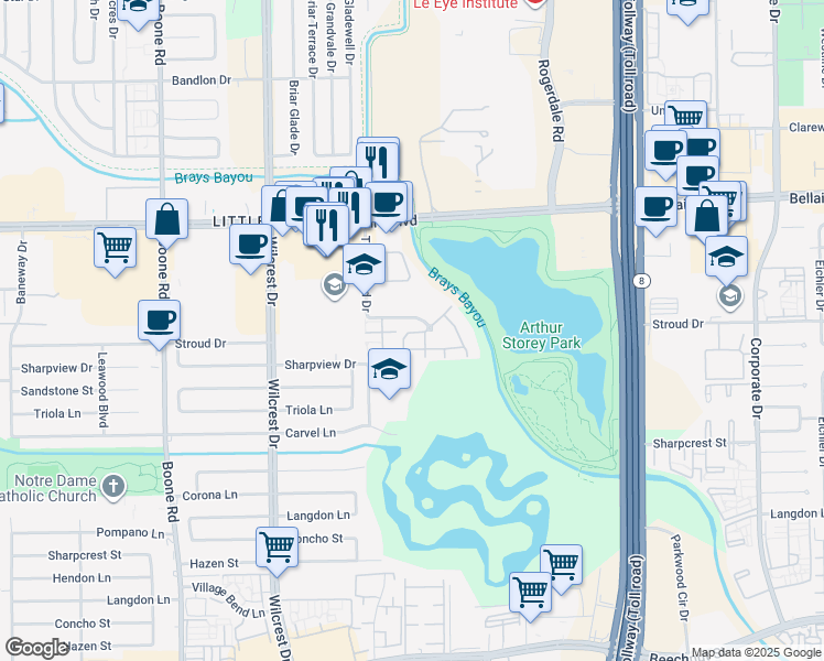 map of restaurants, bars, coffee shops, grocery stores, and more near 10555 Turtlewood Court in Houston