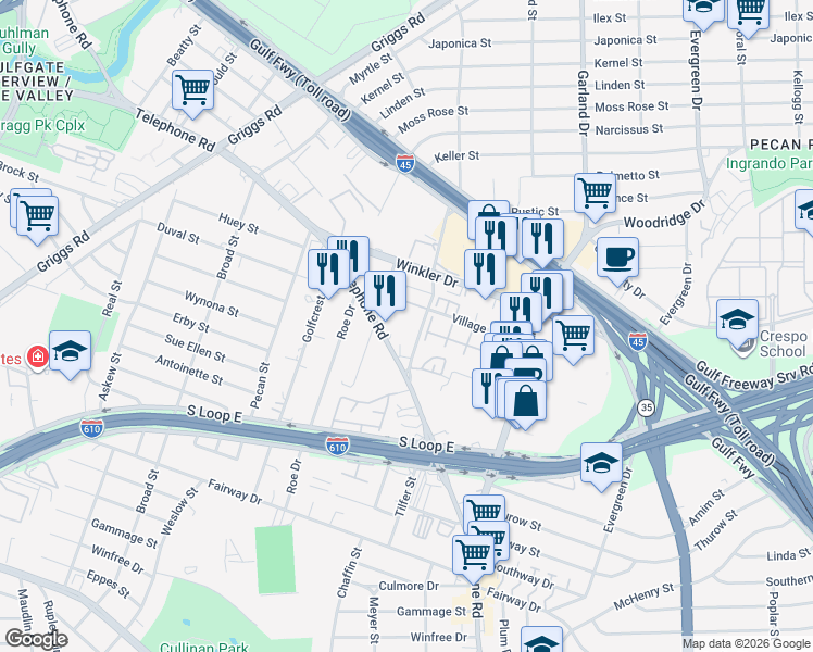 map of restaurants, bars, coffee shops, grocery stores, and more near 2930 Plum Creek Lane in Houston