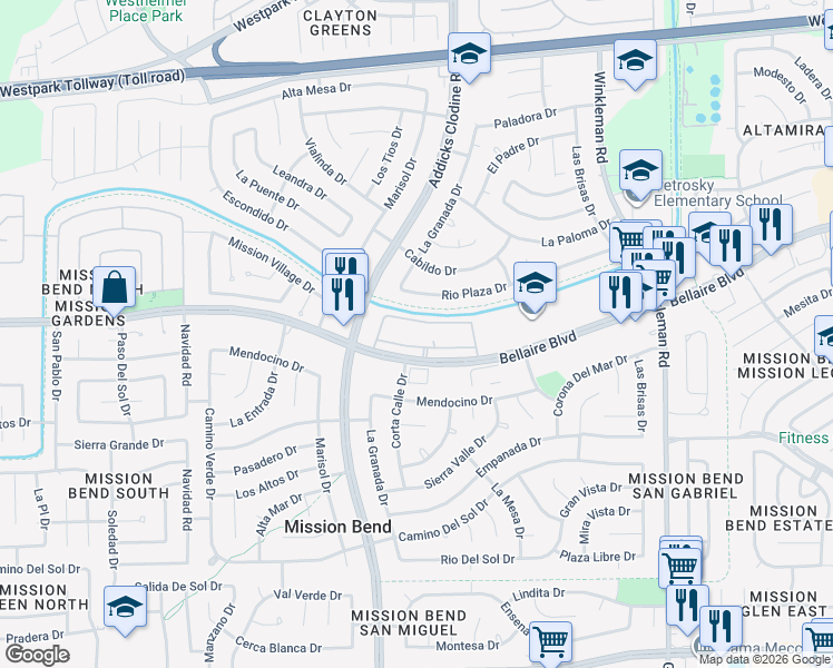 map of restaurants, bars, coffee shops, grocery stores, and more near 15770 Bellaire Boulevard in Houston
