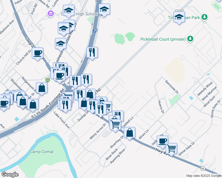 map of restaurants, bars, coffee shops, grocery stores, and more near 1349 Valero Drive in New Braunfels