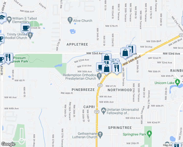 map of restaurants, bars, coffee shops, grocery stores, and more near 4930 Northwest 34th Terrace in Gainesville