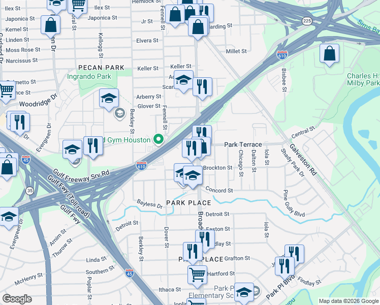 map of restaurants, bars, coffee shops, grocery stores, and more near 2724 Broadway Street in Houston
