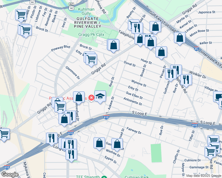 map of restaurants, bars, coffee shops, grocery stores, and more near 3226 Askew Street in Houston