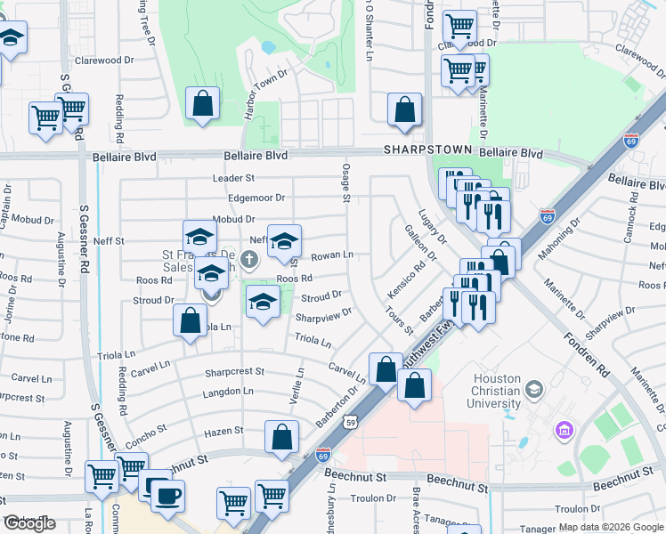 map of restaurants, bars, coffee shops, grocery stores, and more near 7914 Roos Road in Houston