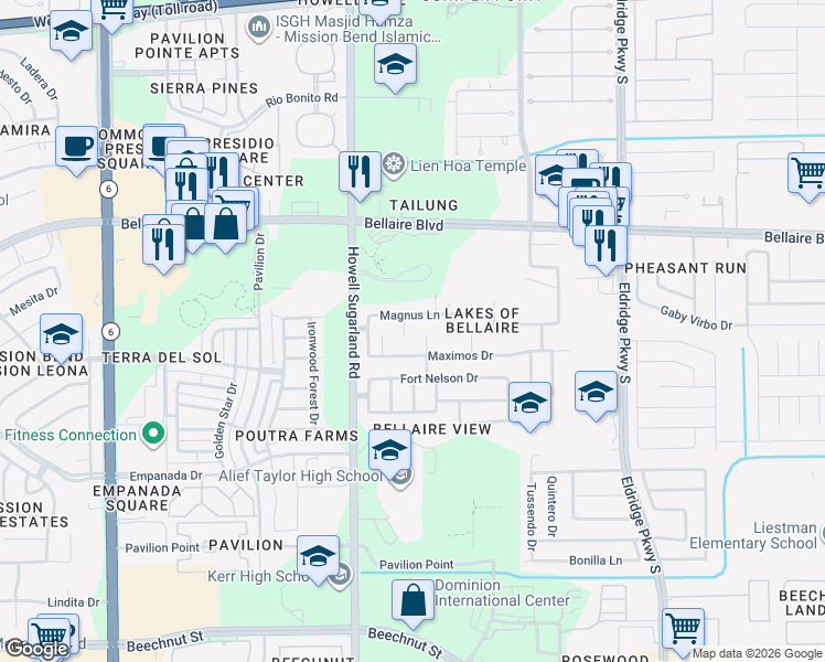 map of restaurants, bars, coffee shops, grocery stores, and more near 7122 Favian Court in Houston