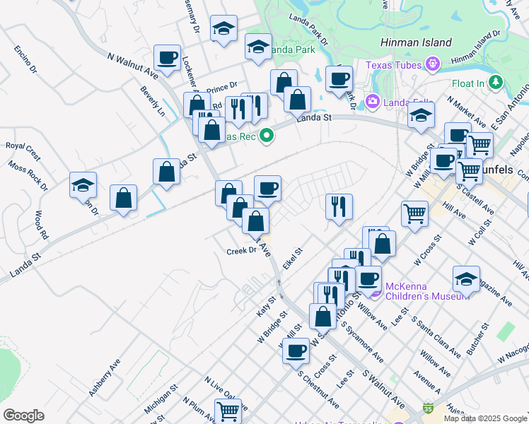 map of restaurants, bars, coffee shops, grocery stores, and more near 1273 North Academy Avenue in New Braunfels