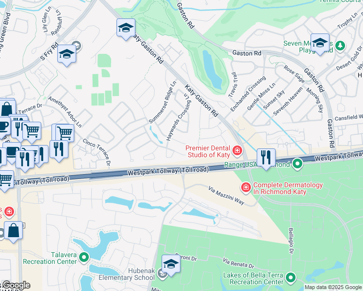 map of restaurants, bars, coffee shops, grocery stores, and more near 6434 Burgess Heights Lane in Katy