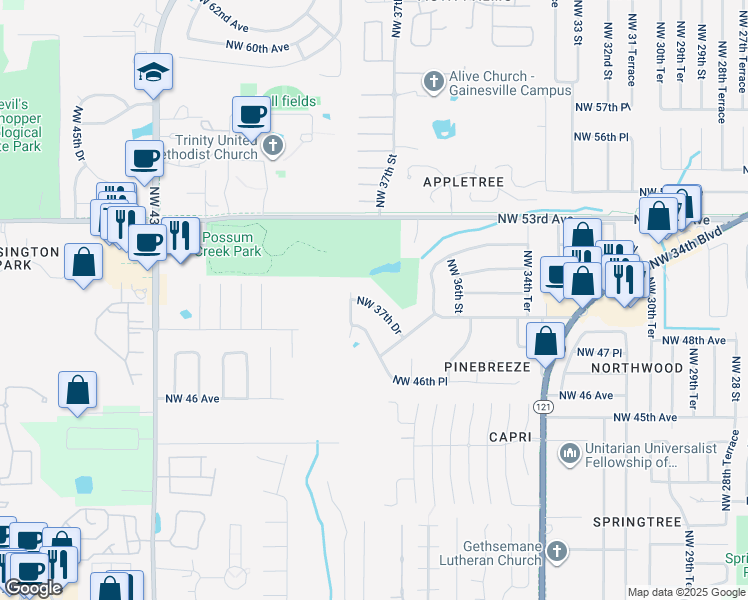 map of restaurants, bars, coffee shops, grocery stores, and more near 4921 Northwest 37th Drive in Gainesville