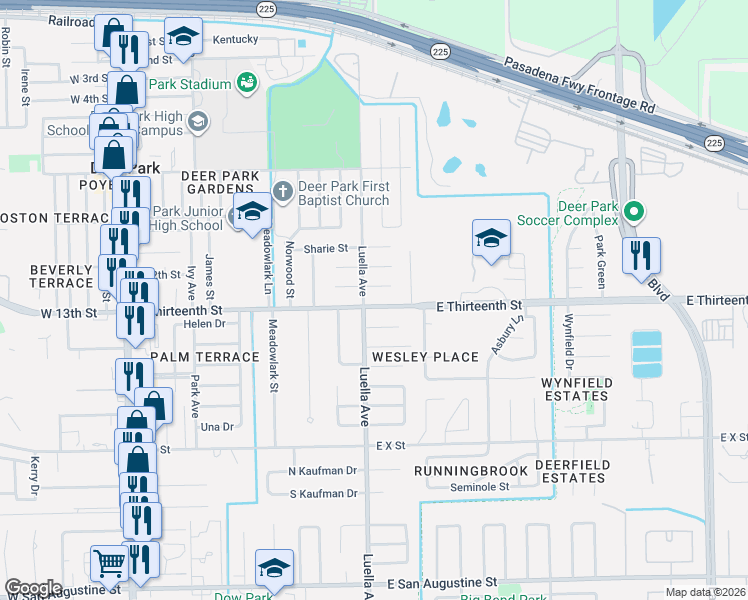 map of restaurants, bars, coffee shops, grocery stores, and more near 1101 East Thirteenth Street in Deer Park