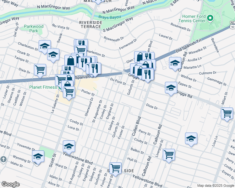map of restaurants, bars, coffee shops, grocery stores, and more near 6019 England Street in Houston