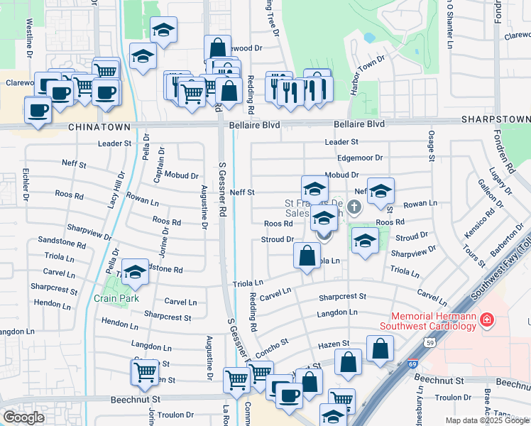 map of restaurants, bars, coffee shops, grocery stores, and more near 8510 Roos Road in Houston