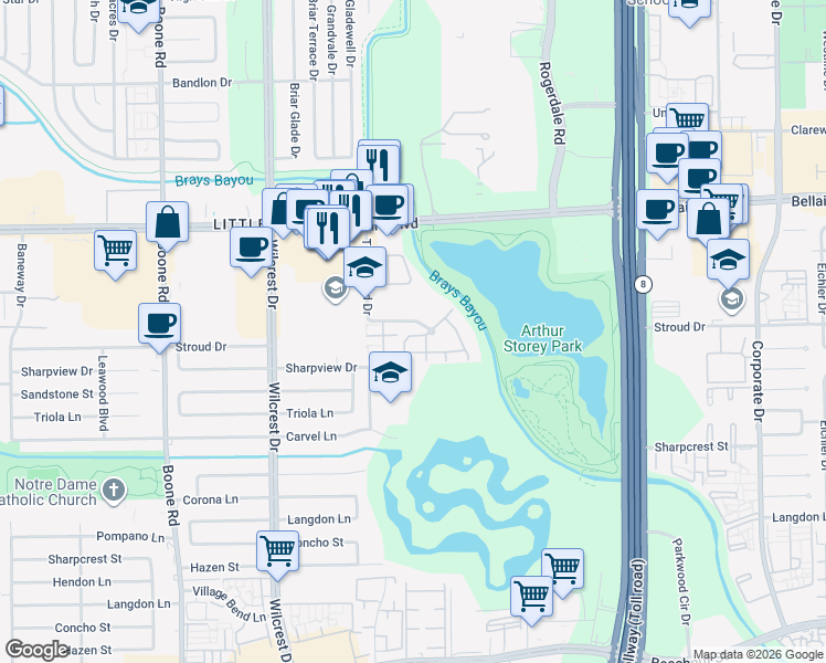 map of restaurants, bars, coffee shops, grocery stores, and more near 10555 Turtlewood Court in Houston