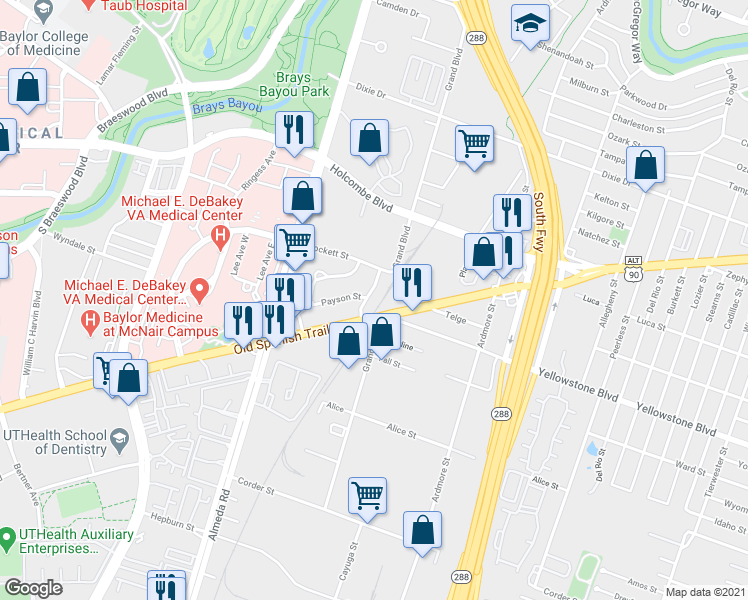 map of restaurants, bars, coffee shops, grocery stores, and more near 6925 Van Etten Street in Houston