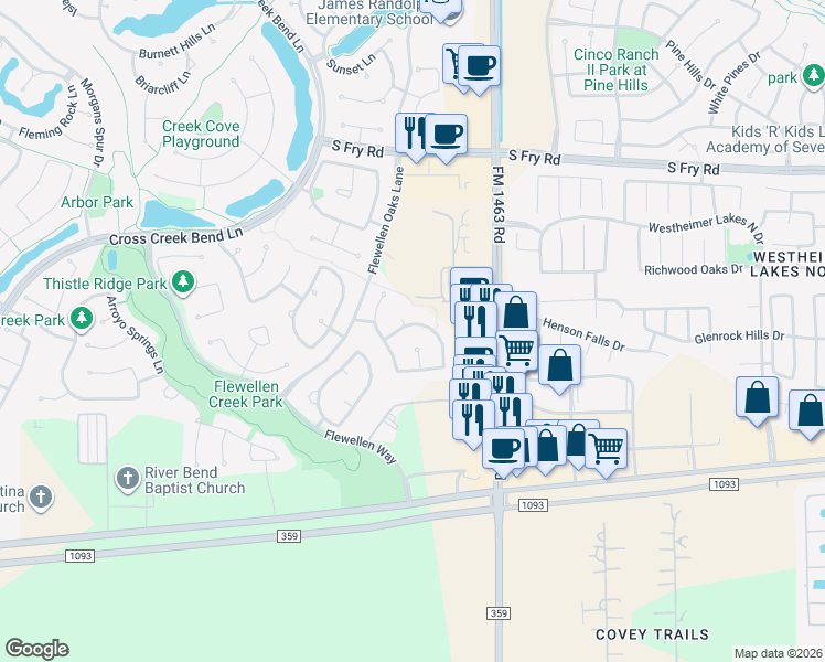 map of restaurants, bars, coffee shops, grocery stores, and more near 27231 Cottage Stream Lane in Fulshear