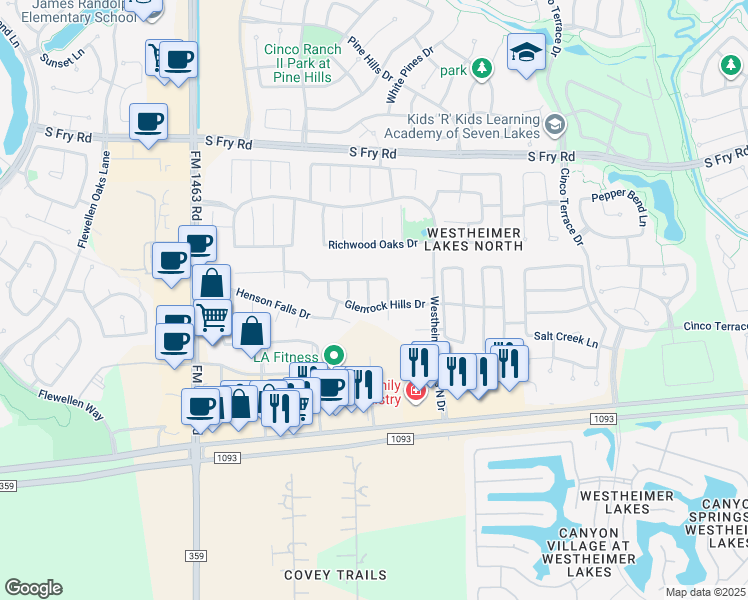 map of restaurants, bars, coffee shops, grocery stores, and more near 6323 Denison Oaks Drive in Katy