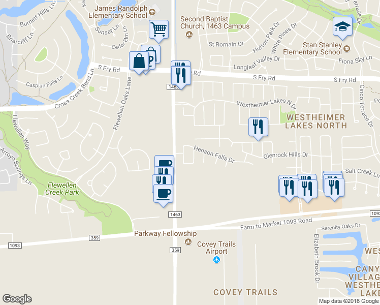map of restaurants, bars, coffee shops, grocery stores, and more near 6410 Genet Drive in Katy