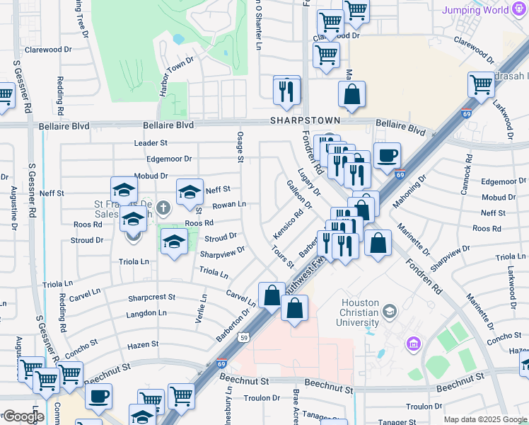 map of restaurants, bars, coffee shops, grocery stores, and more near 7214 Tours Street in Houston