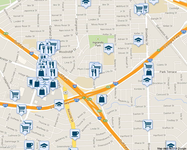 map of restaurants, bars, coffee shops, grocery stores, and more near 2833 Gulf Creek Drive in Houston