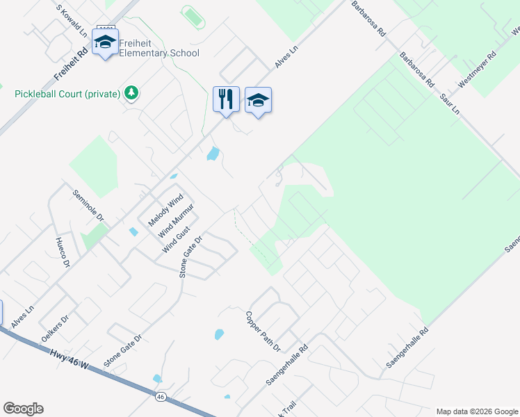 map of restaurants, bars, coffee shops, grocery stores, and more near 998 Three Mile Creek in New Braunfels