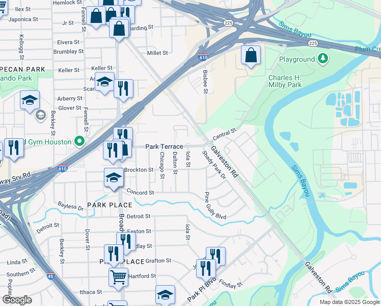 map of restaurants, bars, coffee shops, grocery stores, and more near 2826 Iola Street in Houston
