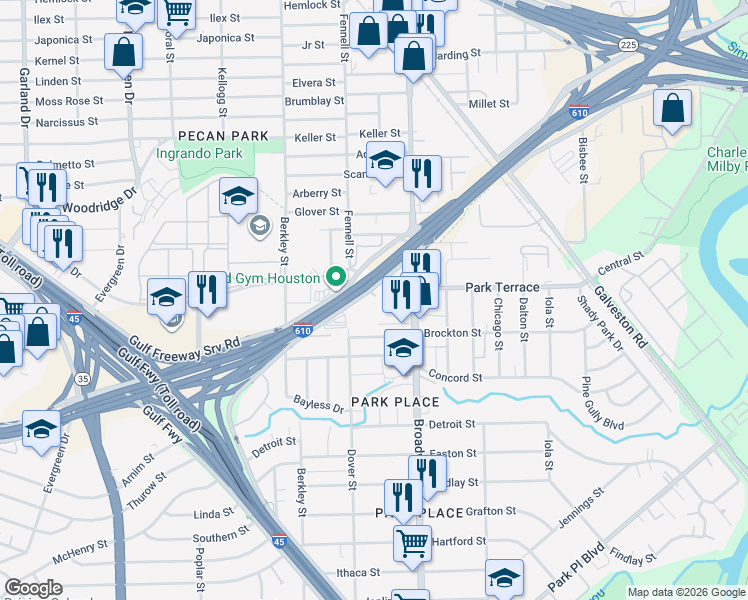 map of restaurants, bars, coffee shops, grocery stores, and more near 7900 South Loop East Freeway in Houston