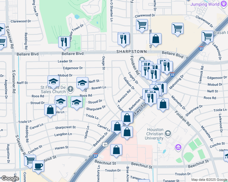 map of restaurants, bars, coffee shops, grocery stores, and more near 7214 Tours Street in Houston