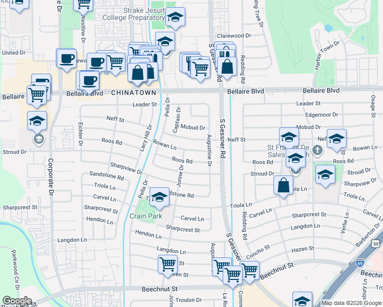 map of restaurants, bars, coffee shops, grocery stores, and more near 8838 Roos Road in Houston