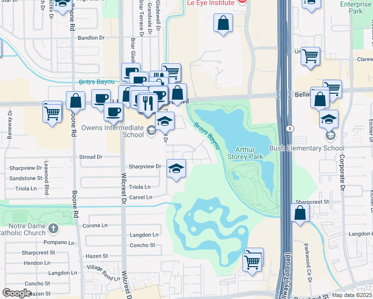 map of restaurants, bars, coffee shops, grocery stores, and more near 10555 Turtlewood Court in Houston