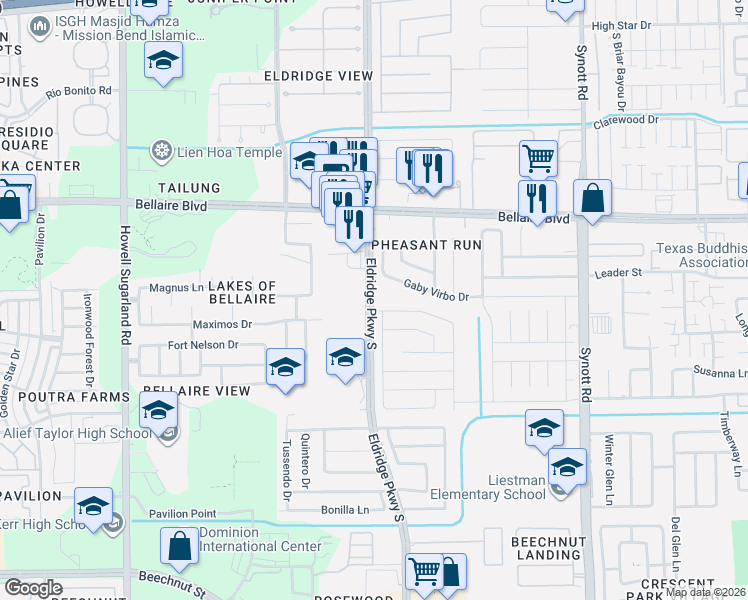 map of restaurants, bars, coffee shops, grocery stores, and more near 7202 Puerta Vallarta Drive in Houston