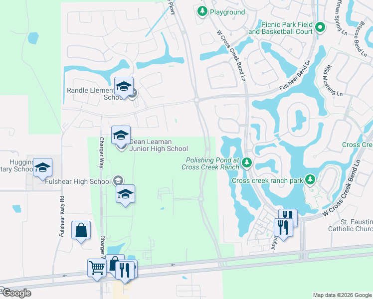 map of restaurants, bars, coffee shops, grocery stores, and more near Cottage Glen Lane in Fulshear