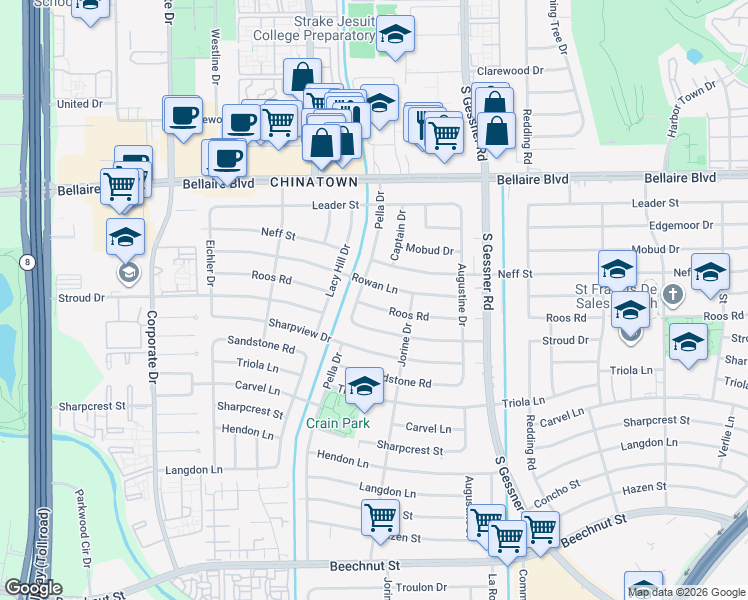 map of restaurants, bars, coffee shops, grocery stores, and more near 8923 Roos Road in Houston