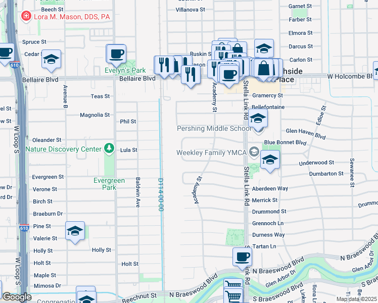 map of restaurants, bars, coffee shops, grocery stores, and more near 4130 Underwood Street in Houston