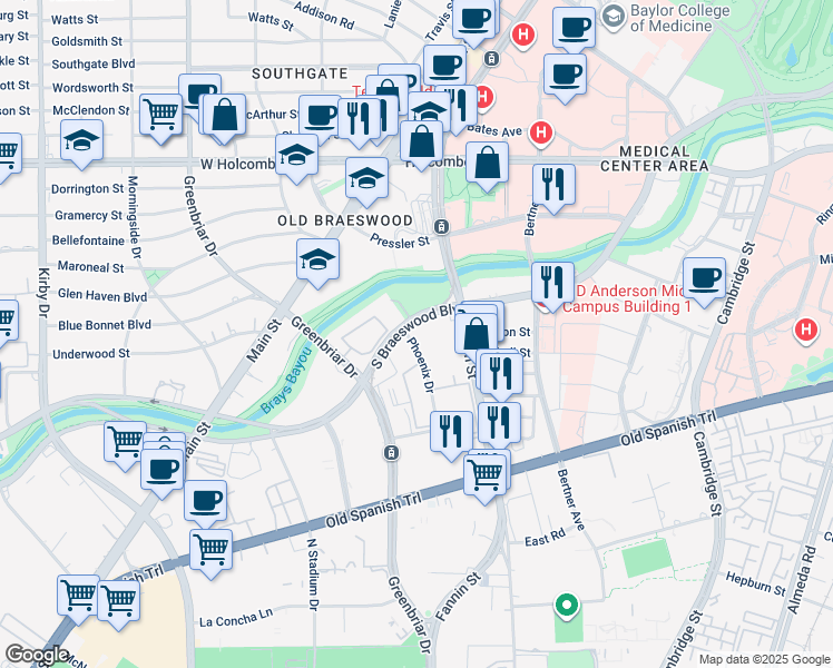 map of restaurants, bars, coffee shops, grocery stores, and more near 1819 South Braeswood Boulevard in Houston