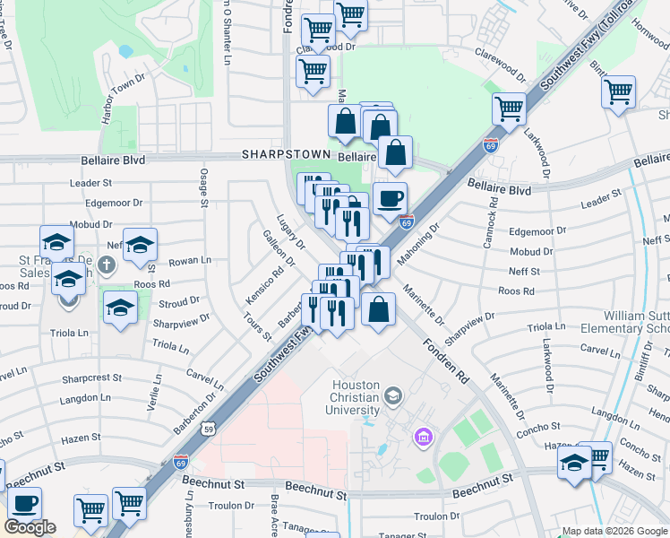 map of restaurants, bars, coffee shops, grocery stores, and more near in Houston
