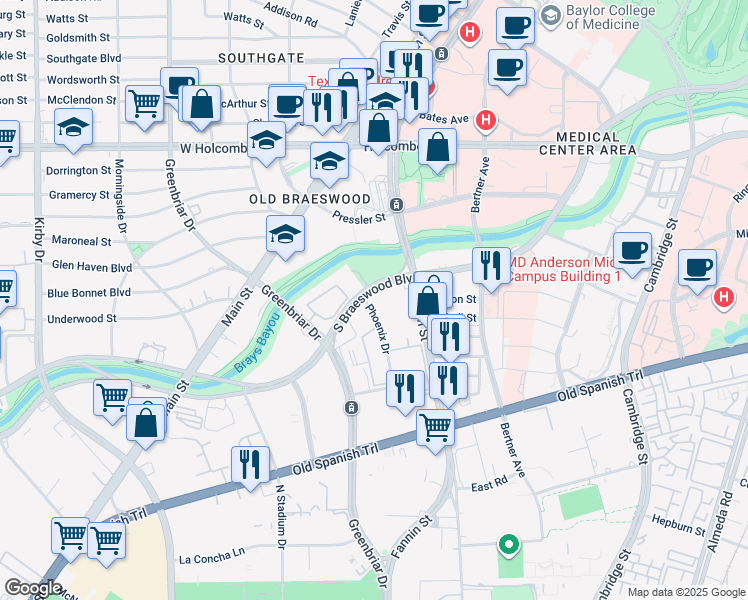 map of restaurants, bars, coffee shops, grocery stores, and more near 1819 South Braeswood Boulevard in Houston