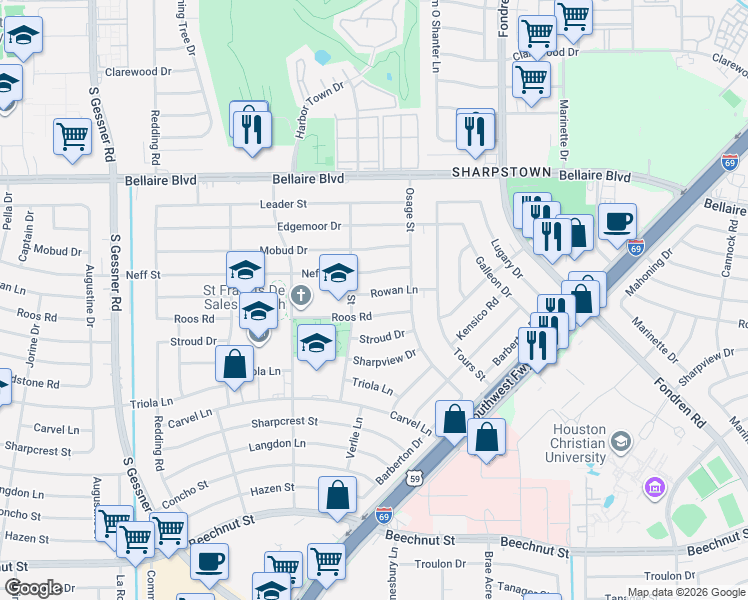 map of restaurants, bars, coffee shops, grocery stores, and more near 8018 Roos Road in Houston