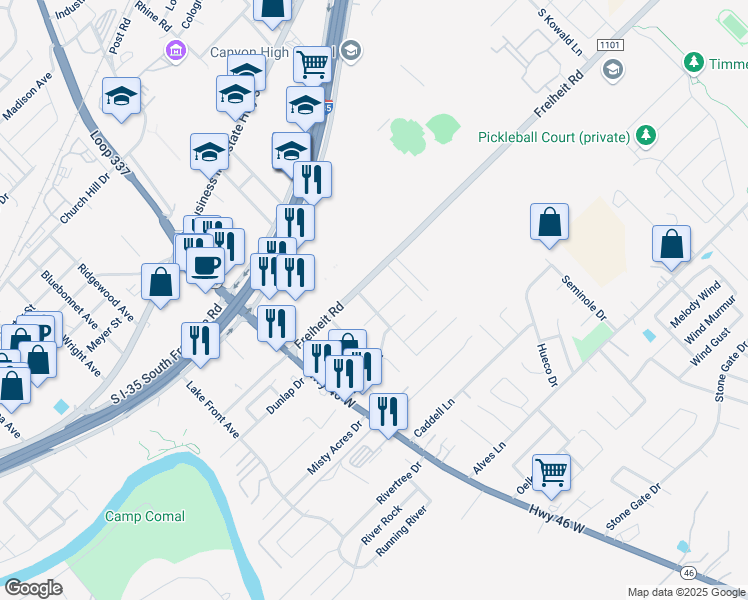 map of restaurants, bars, coffee shops, grocery stores, and more near 1349 Valero Drive in New Braunfels