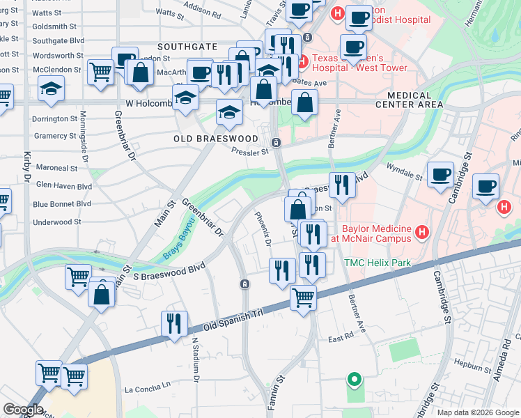 map of restaurants, bars, coffee shops, grocery stores, and more near 1819 South Braeswood Boulevard in Houston