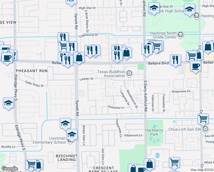 map of restaurants, bars, coffee shops, grocery stores, and more near 13011 Greenway Chase Court in Houston