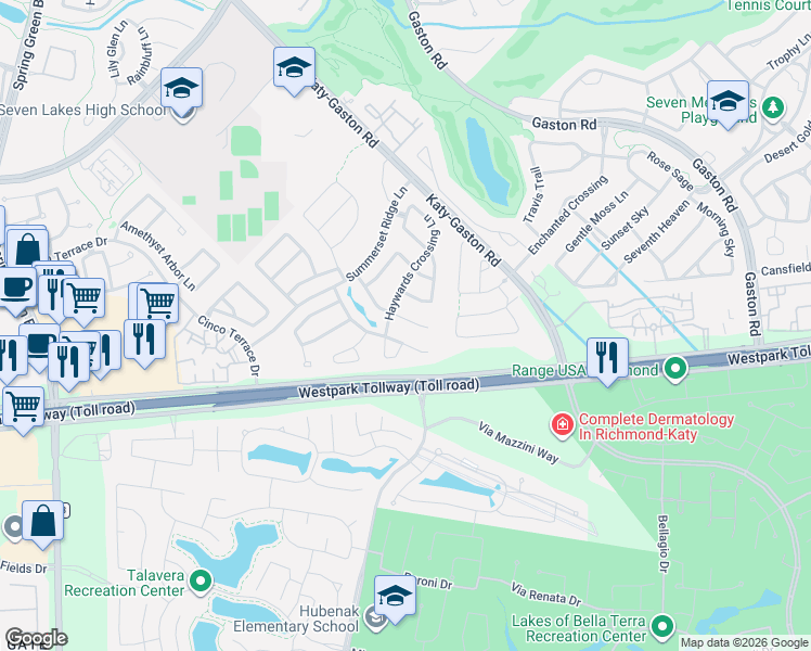map of restaurants, bars, coffee shops, grocery stores, and more near 6439 Calgary Woods Lane in Katy