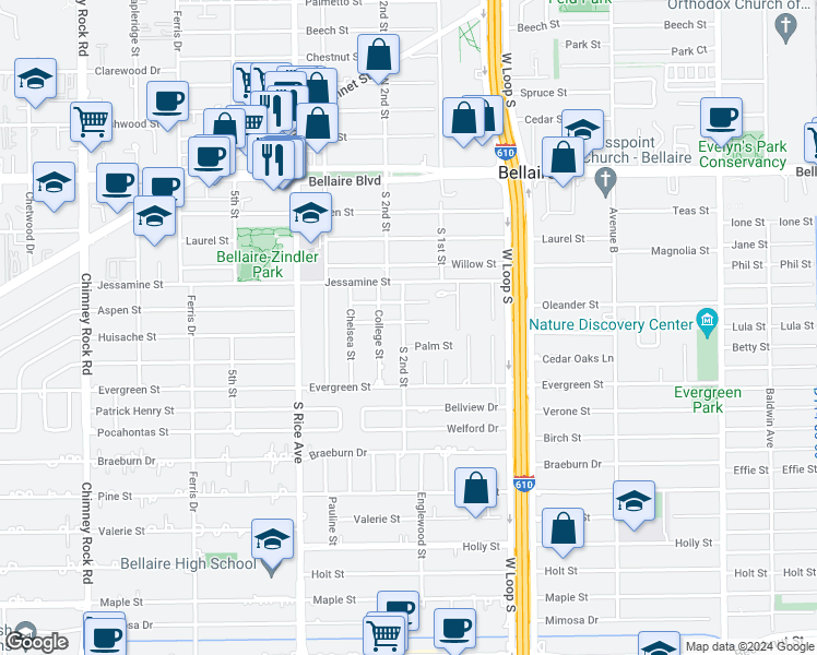 map of restaurants, bars, coffee shops, grocery stores, and more near 4812 Palm Street in Bellaire