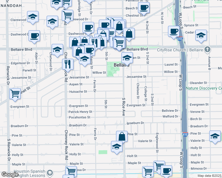 map of restaurants, bars, coffee shops, grocery stores, and more near 5107 Huisache Street in Bellaire