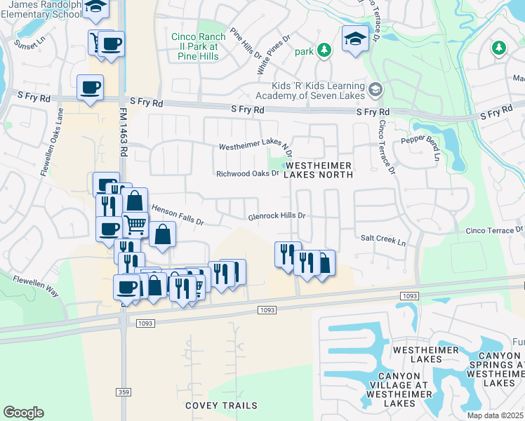 map of restaurants, bars, coffee shops, grocery stores, and more near 6327 Bennington Springs Drive in Katy