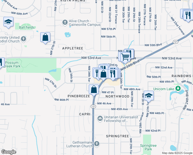 map of restaurants, bars, coffee shops, grocery stores, and more near 4908 Florida 121 in Gainesville
