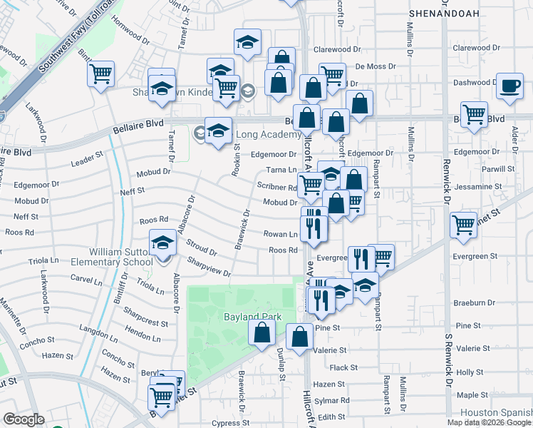 map of restaurants, bars, coffee shops, grocery stores, and more near 6417 Neff Street in Houston