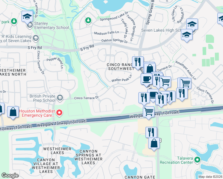 map of restaurants, bars, coffee shops, grocery stores, and more near 25418 Mallard Bay Lane in Katy