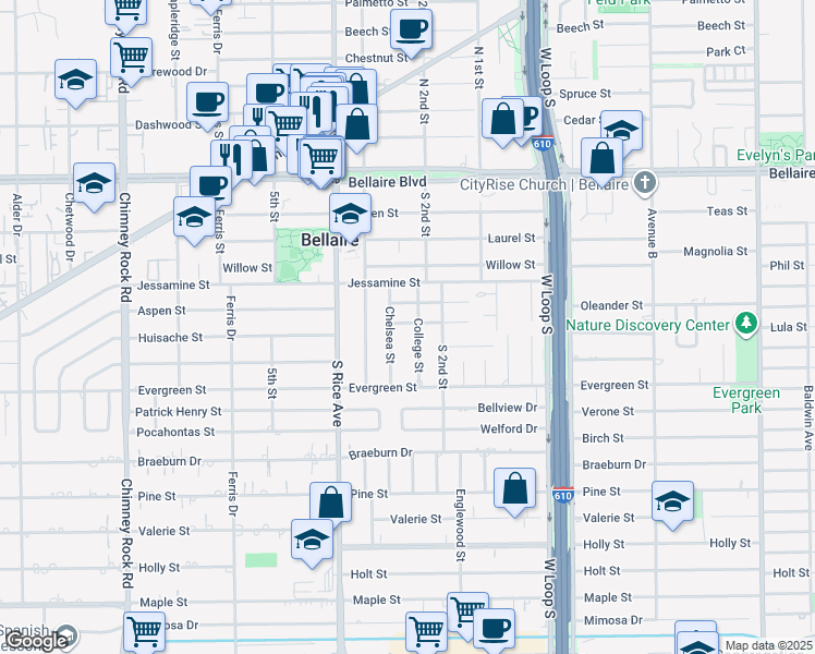 map of restaurants, bars, coffee shops, grocery stores, and more near 535 College Street in Bellaire
